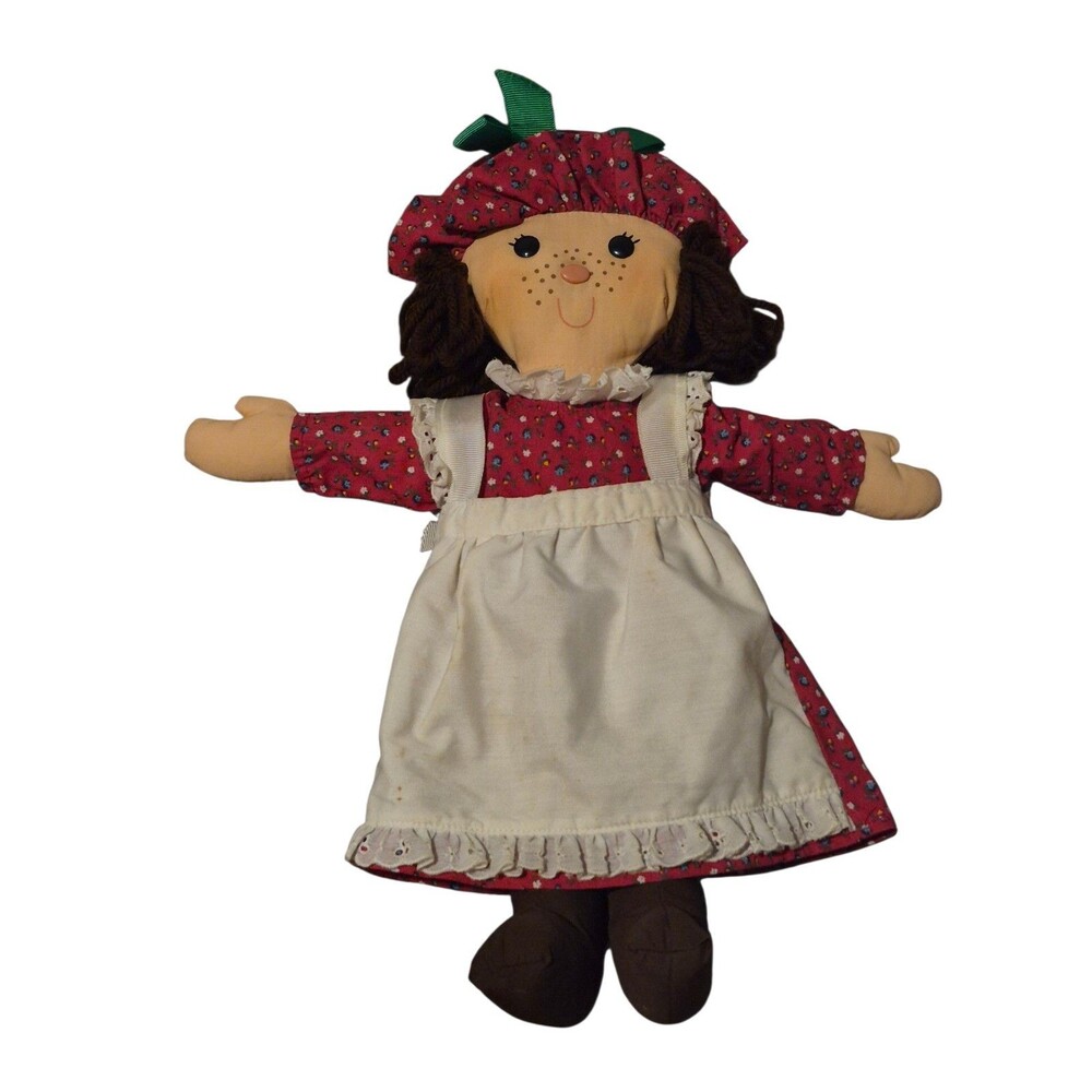 Vintage Hallmark 1981 Cloth Rag Doll 17" Red Calico Dress Broen Yarn Hair